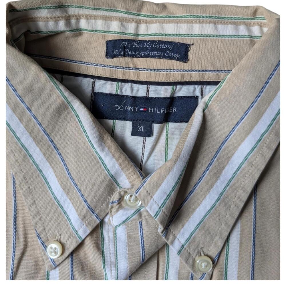 Tommy Hilfiger Shirt Mens XL Beige Striped Button Up Long Sleeve Pocket Classic
